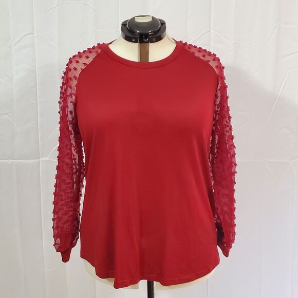 Bloomchic Blouse Women's Large12 Red Solid Long Mesh Sleeve w/ Fabric Dots - Picture 8 of 8